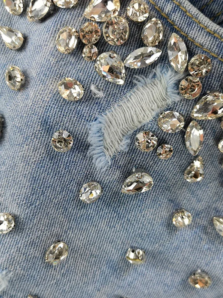 Vaqueros cortos para mujer, cintura alta, diamantes desgastados, borla, pierna ancha holgada, pantalones cortos vaqueros de lujo, moda Primavera 2025, faldas Y2k