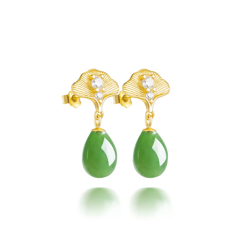 Spinach Green Natural Old Material Hotan Jade Jasper Ginkgo Biloba Leaf Water Ear Drop Nail Women's S925 Silver Jadeite Earrings