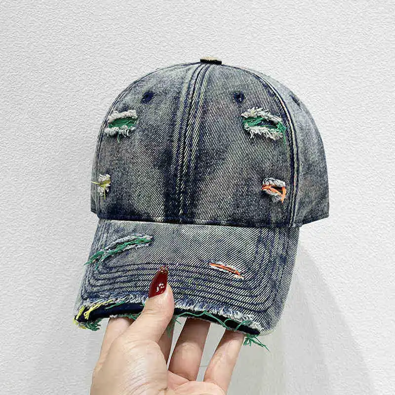Neue Stil Frauen Kappe Tränen Stil Loch Vintage Bunte Linien Baseball Caps Weibliche Casual Outdoor Streetwear Denim Hut – Detail 13