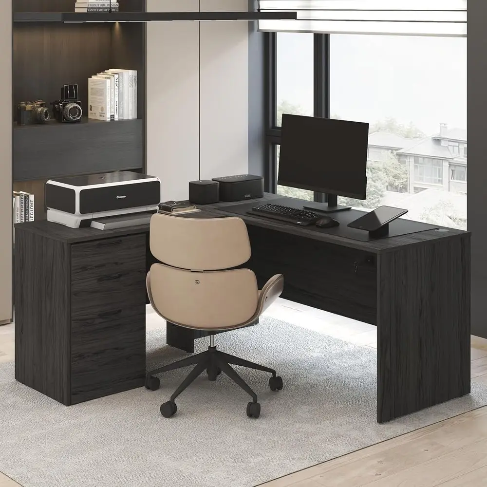 

60 Grey L-Shaped Desk with 3-Drawer Pedestal and File Cabinet for Home Office