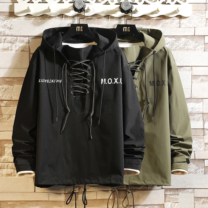 Japan Style Men Jacket Cross-drawstring Design Pullover Jackets Hip-hop Street Menswear Letter Printed Lightweight Windbreaker