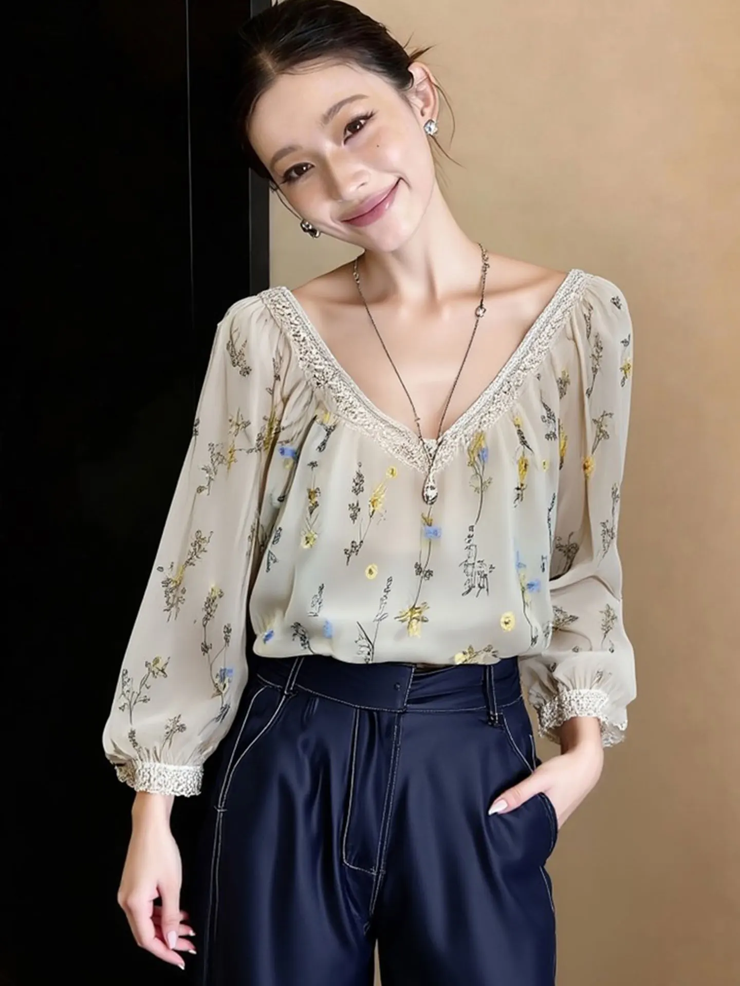 

Ele Korean Sle Floral Print V-Ne Long Sve irt Loose Fit Slimming Lazy Sle Top Women's Spring Faion Silk Blouse