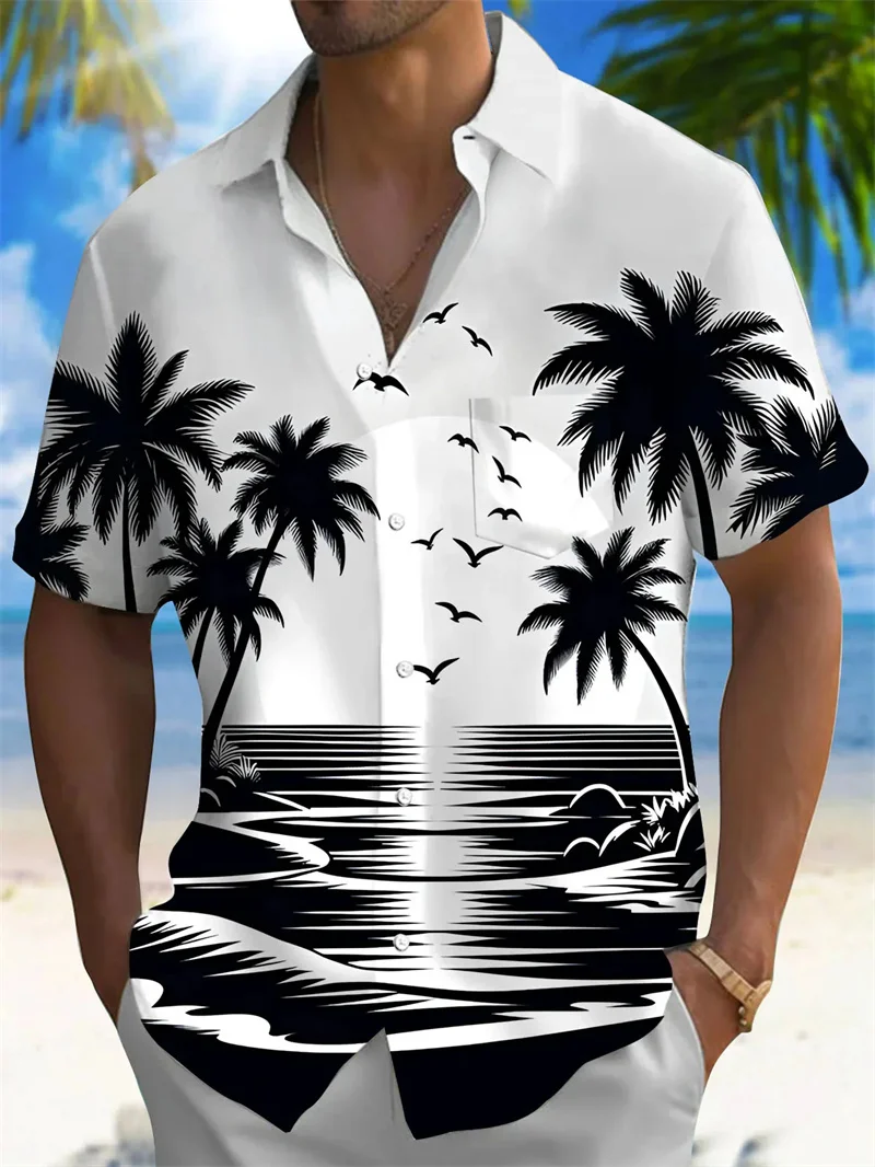 Camisa hawaiana de manga corta para hombre, camisa suave para diario, social, atardecer, bajo el árbol de coco, 2024