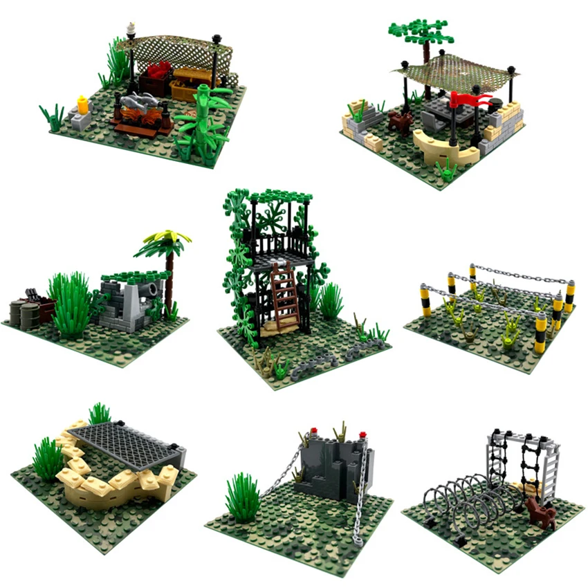 

Aquaryta AMilitary Jungle MOC Scene 8 sets Command Battalion Cannon Sentinel Trench DIY Assembly Small Particle Building Blocks