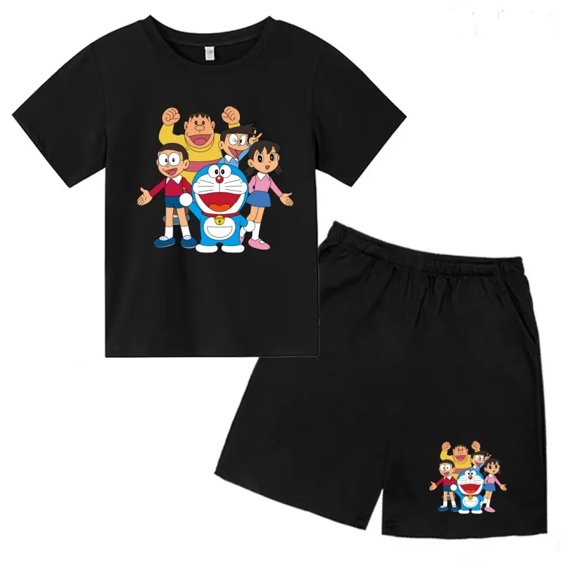 

Children T-shirt 3-12Yrs Summer Doraemon Anime Print Short-sleeved Cute Funny Fashion Boys Girls Toddler Top+Shorts 2PCasual Set