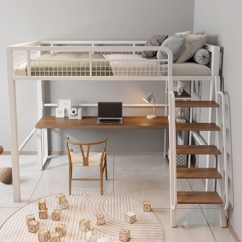 Iron Elevated Bunk Bed Space Saving Step Ladder Loft Bed Modern Children Student Litera Bedroom Furniture