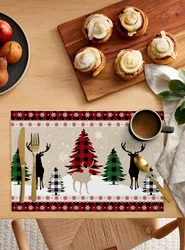 Christmas Tree Snowflake Elk Kitchen Dining Table Decor Accessories 4/6pcs Placemat Heat Resistant Linen Tableware Pads Mats