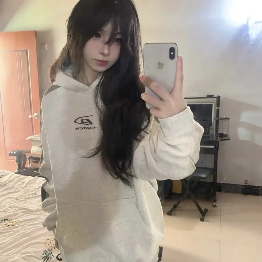 Kpop Grunge Sweatshirts Hip Hop Streetwear Gray Oversized Hoodies Women Harajuku Vintage Hooded Sweatshirt Loose Casual Y2K Tops