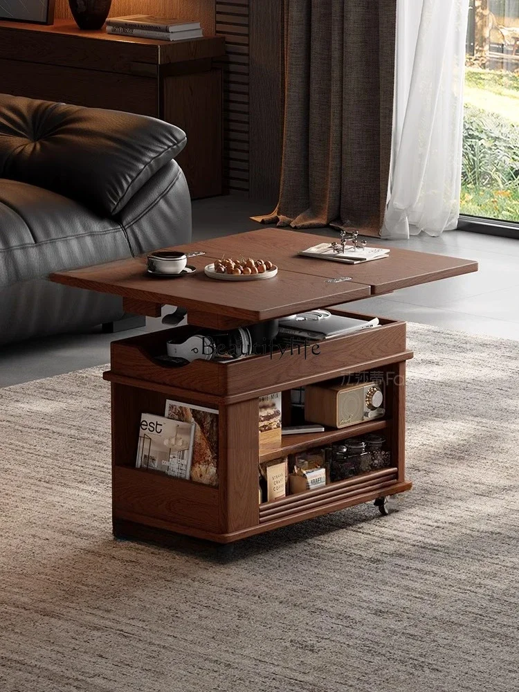 Second-Hand Solid Wood Folding Coffee Table, Adjustable Height, Movable Small Trolley Side Table Factory Direct