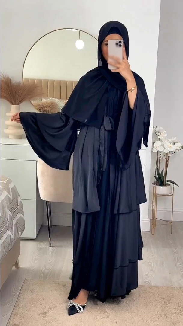 Eid Satin Abaya Dubai Open Kimono Cardigan Kaftan Women Muslim Ruffle Flare Sleeve Party Dress Arabic Robe Marcain Gown Ramadan