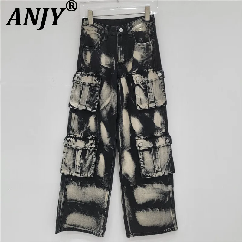 

ANJY Summer New Women American High Street Safari Style Wide Leg Jeans Casual Dark Punk Trendy Multi-pocket Straight Pants A7787