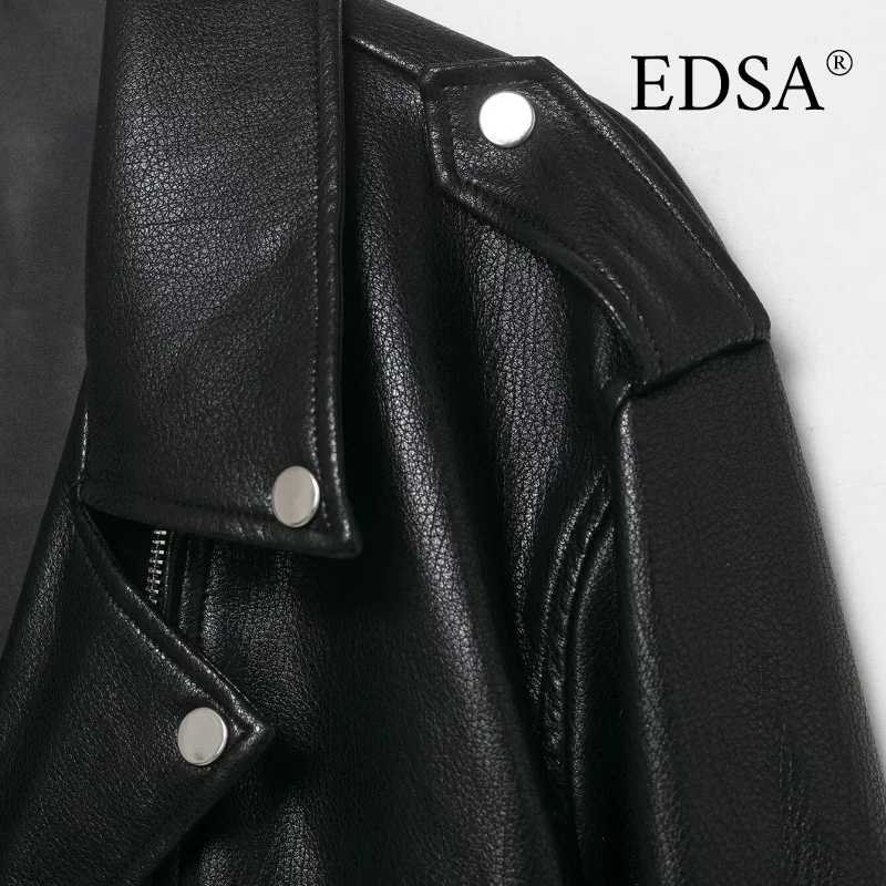 EDSA 여성용 PU 블랙 프론트 지퍼 재킷 캐주얼 라펠 넥 긴 소매 여성 코트 아우터웨어