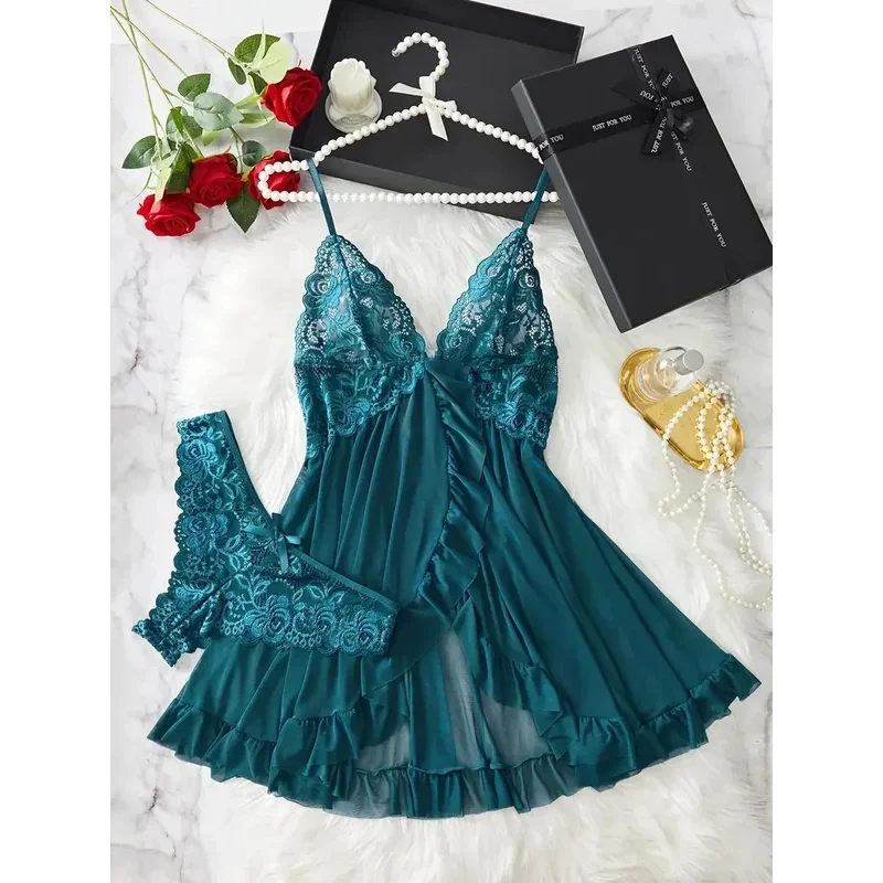 Women nightdress sexy lace fossil bow nightgown mini dress V neck full slip babydoll lingerie sleepy Wear & dresses