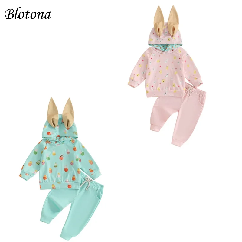 

Комплект детских пасхальных штанов Blotona, толстовка с длинными рукавами и капюшоном с принтом кролика/яйц и штаны, весенне-осенняя одежда для девочек и мальчиков