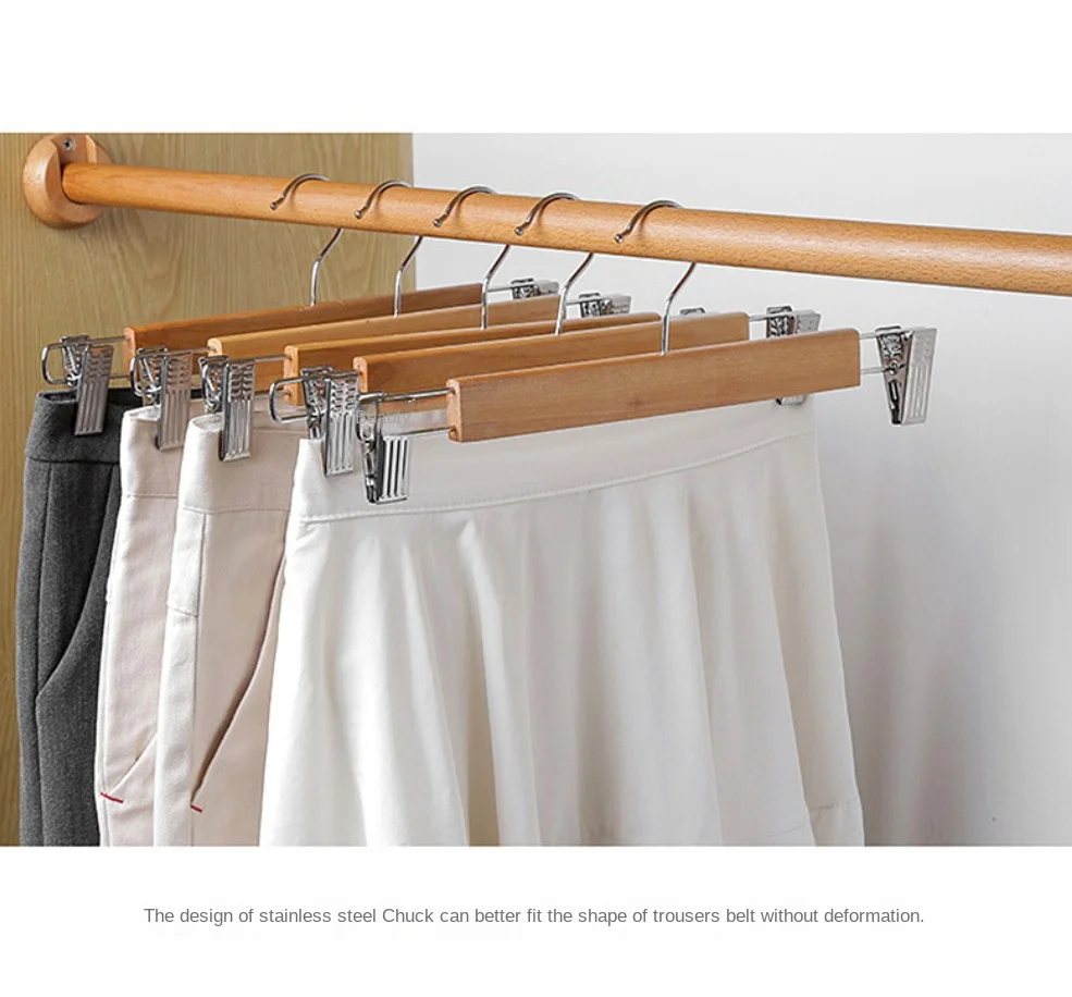 High Quality Boutique Solid Wooden Hanger Baju Pant Trouser Hanger Kayu With Clips (Thicker Version)