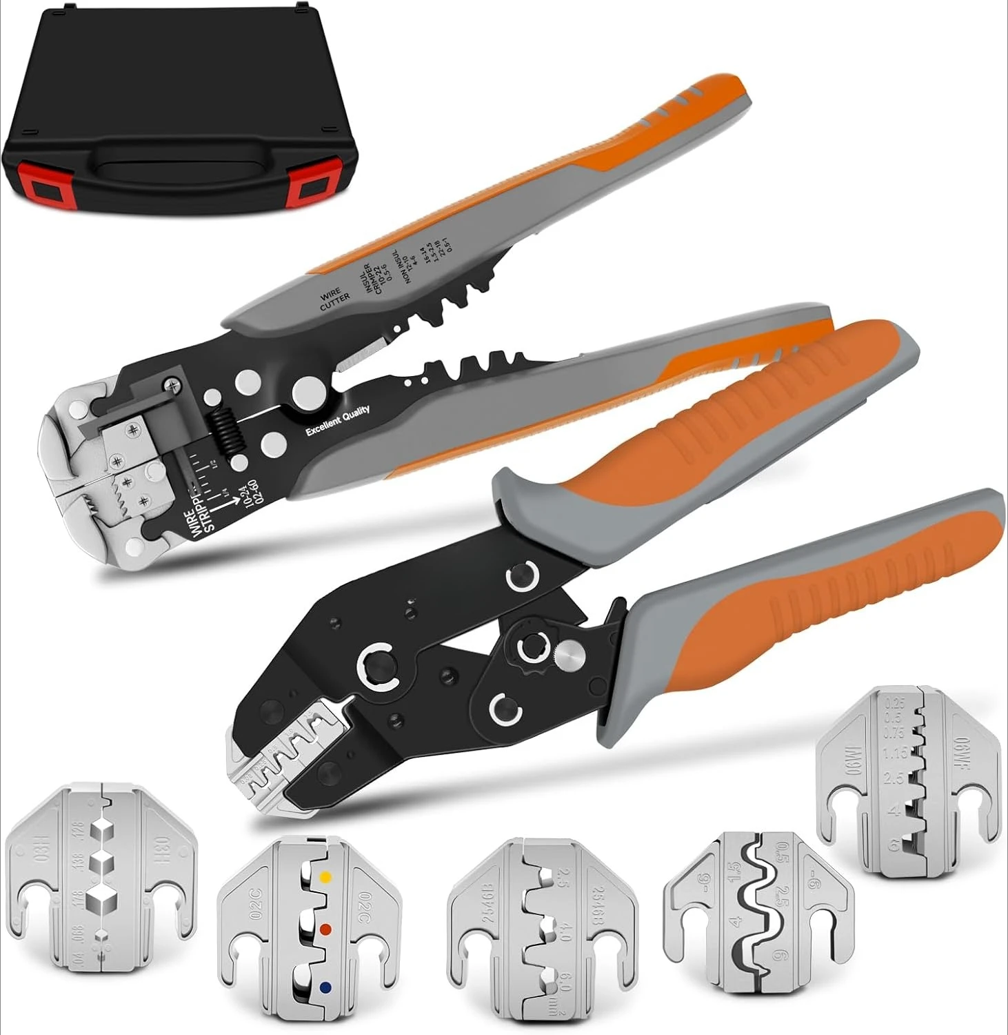 ชุดเครื่องมือเข้าหัวสายไฟแบบแร็ตเช็ตและเครื่องปอกสายไฟ - เครื่องเข้าหัวสายไฟ 7 in 1 สำหรับสายไนลอนหุ้มฉนวน, สายไม่มีฉนวน, ปลายสายแบบเฟอร์รูล, ใหม่