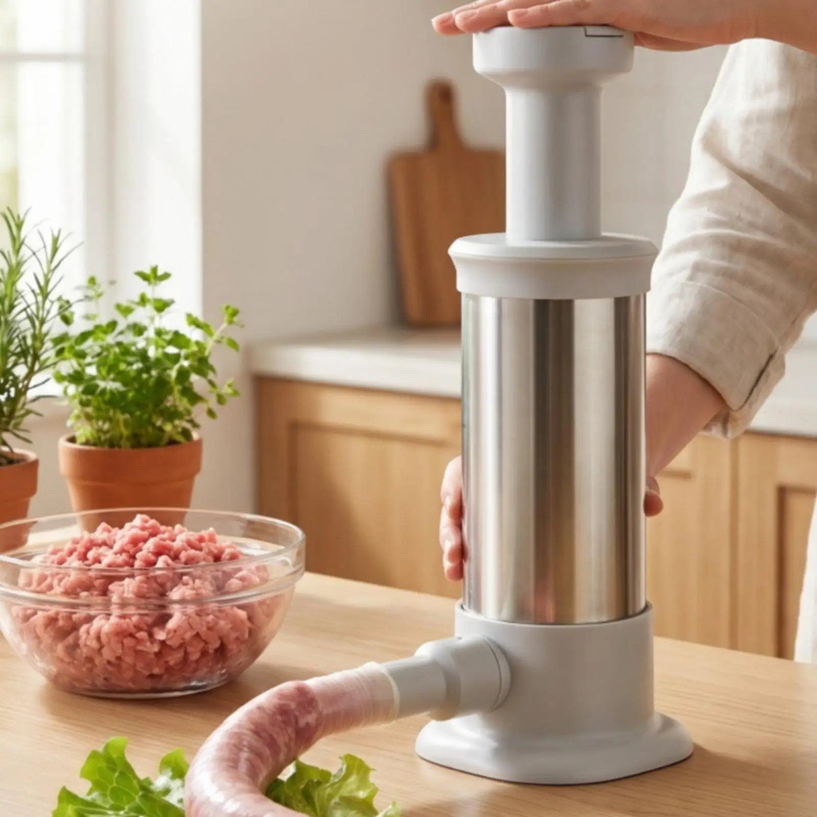 Manual Sausage Filler Meat Stuffer with 4 Nozzles Stainless Steel Kitchen Tool for Homemade Sausage Link Making