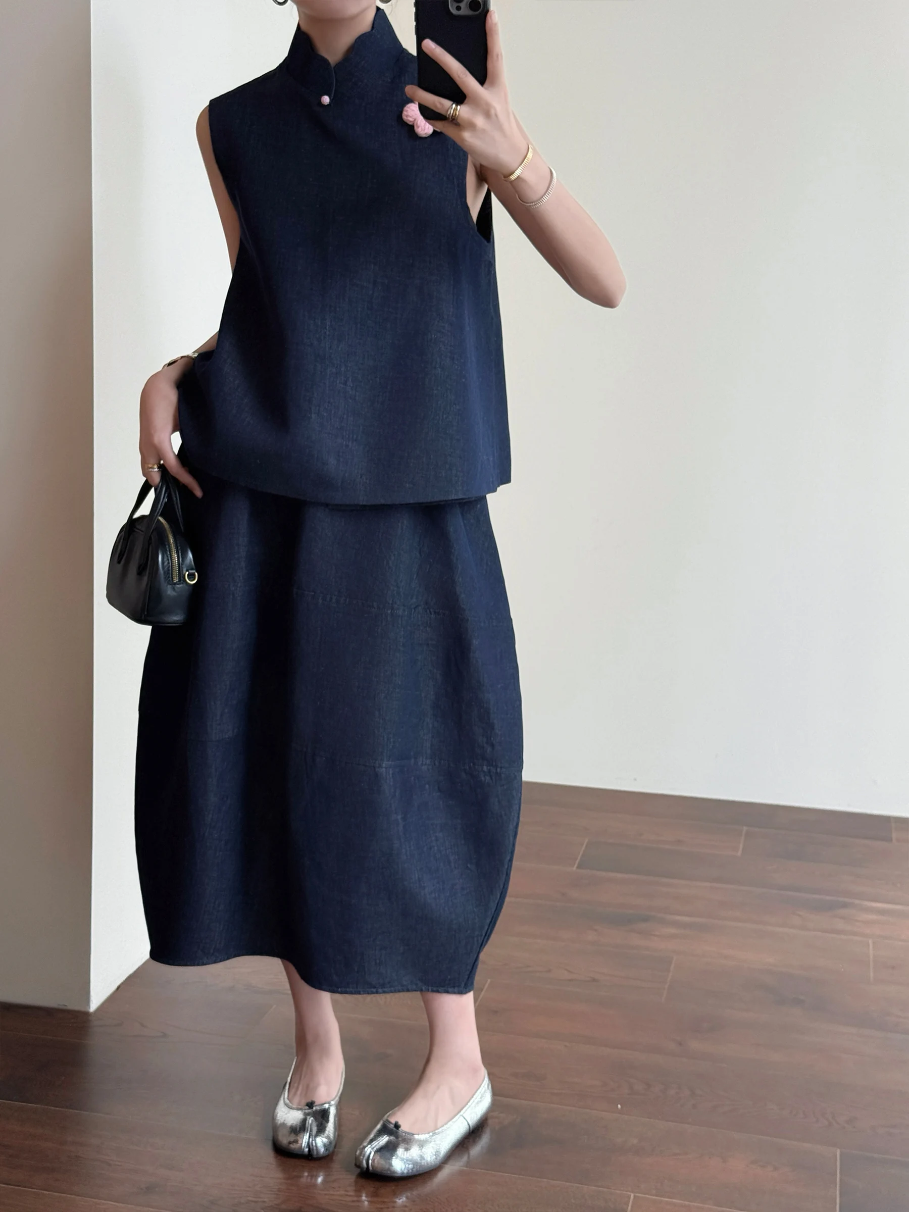 

Tasyavan Chinese Style Cotton Linen Denim Sleeveless Vest And Flower Bud Half Skirt Set Women's Fashion Summer Outfit