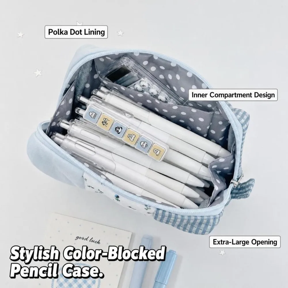 Portable Patchwork Pencil Case Floral Plaid Splicing Large Capacity Pen Bag Pencil Pouch Gift
