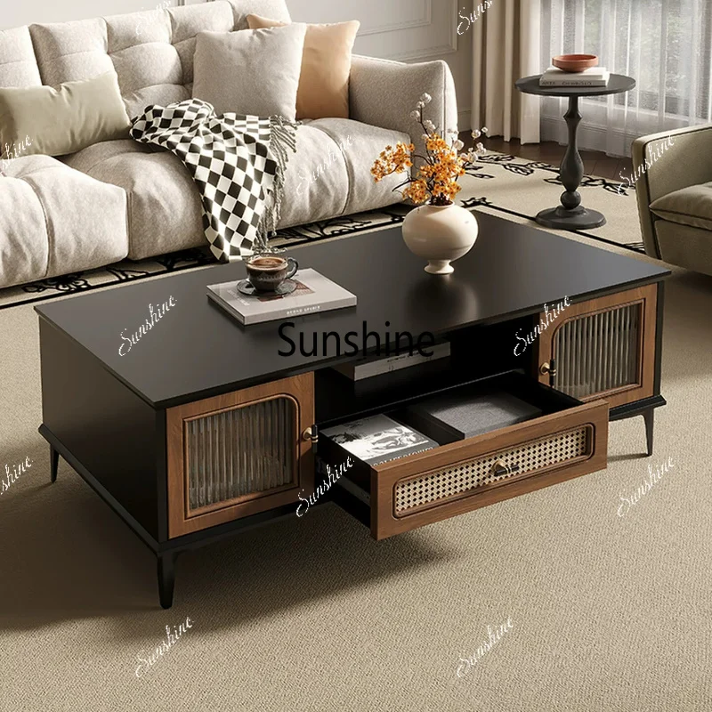 Medieval coffee table storage cabinet light luxury high-end retro rattan TV cabinet