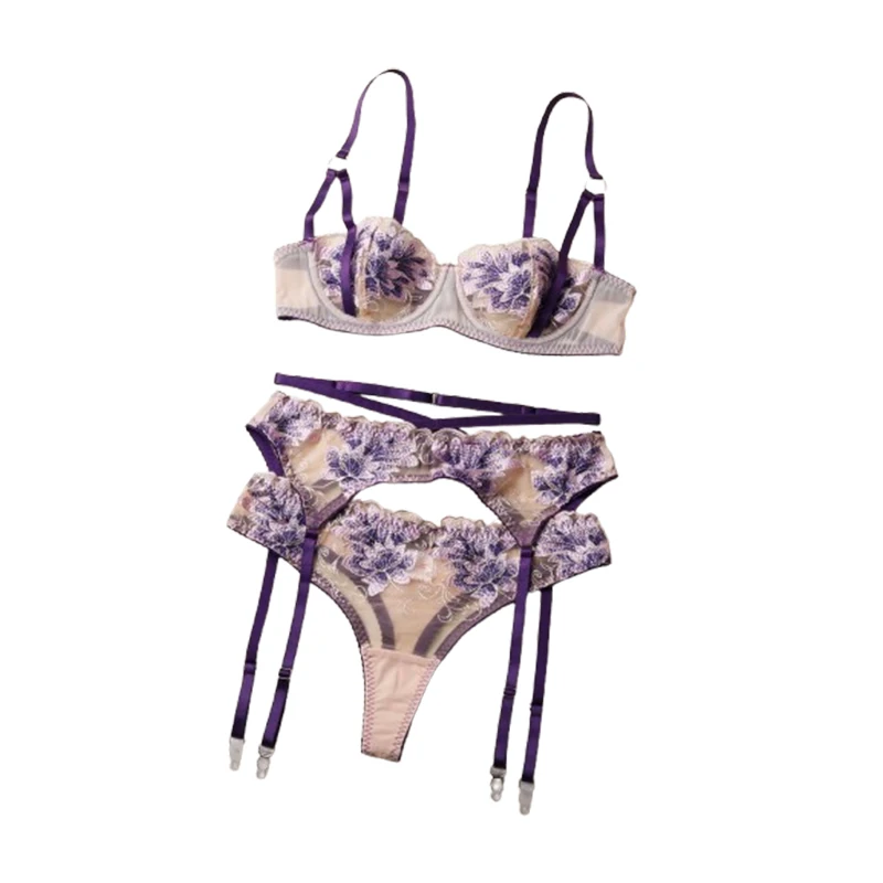 

Сексуальный комплект нижнего белья из 3 предметов: кружевное белье с вышивкой цветов, винтажный комплект бюстгальтер и трусики, фиолетовый, романтичный, полупрозрачный, экзотический комплект.