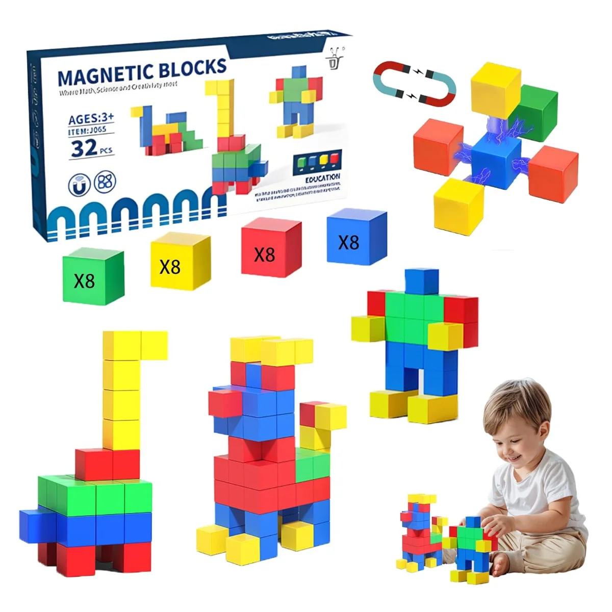 

32-Pcs Magnetic Blocks, Montessori-Style 3D Color Building Toys. Educational construction cubes for kids aged 3+, perfect gift
