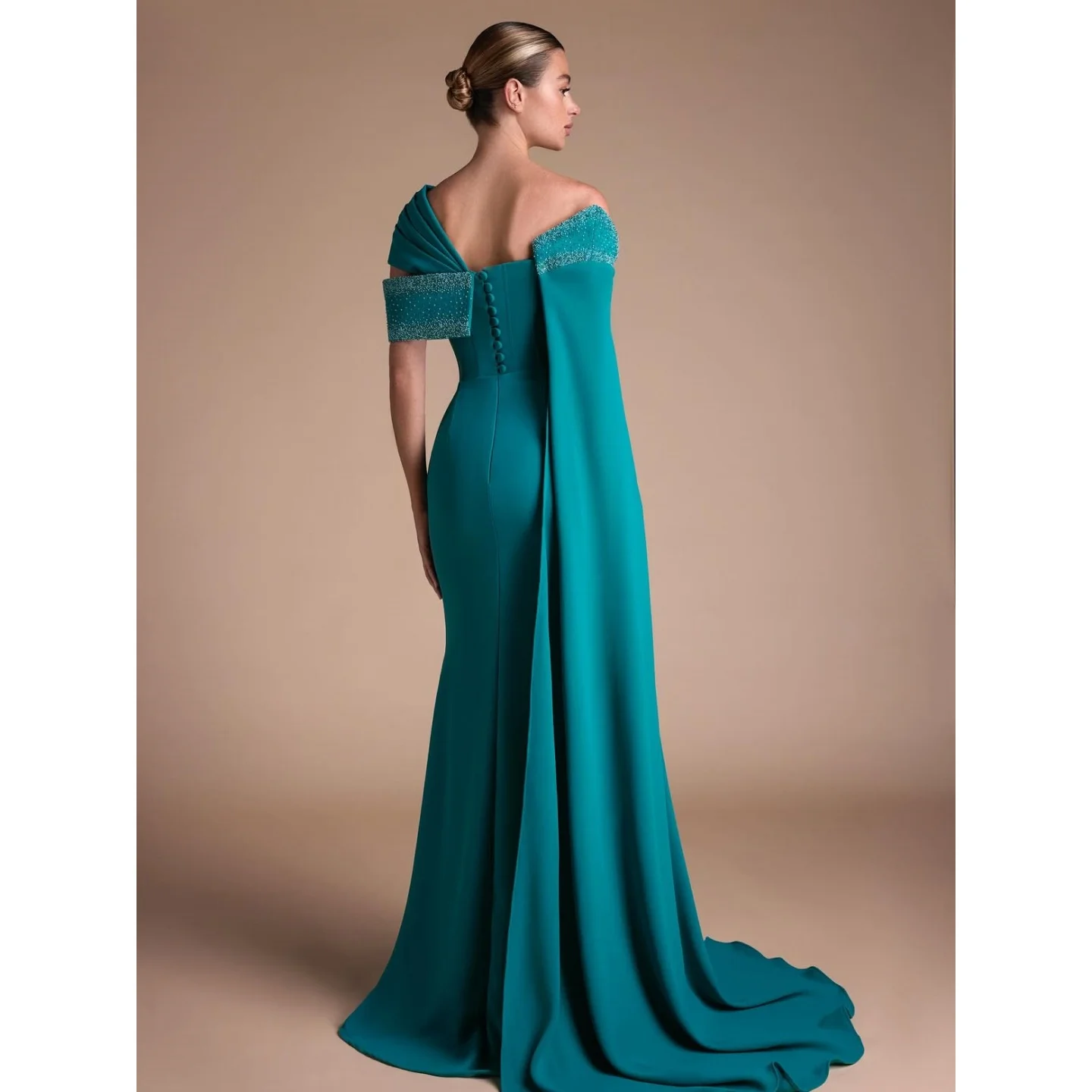 Dubai Saudi Luxury Evening Dresses Off Shoulder Cape Prom Dress Pleated Beadings Saudi Women Wedding Dresses Customized
