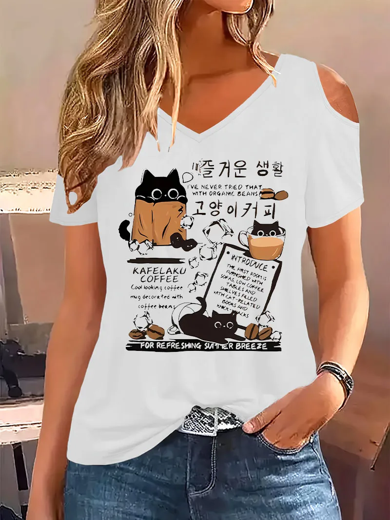 Vintage T-Shirt mit Kaffee-Katzen-Motiv, kurzärmelig, Harajuku-Stil, V-Ausschnitt, lässiges Oberteil, schulterfreies Design, für Sommer und Frühling, Damenoberteil.
