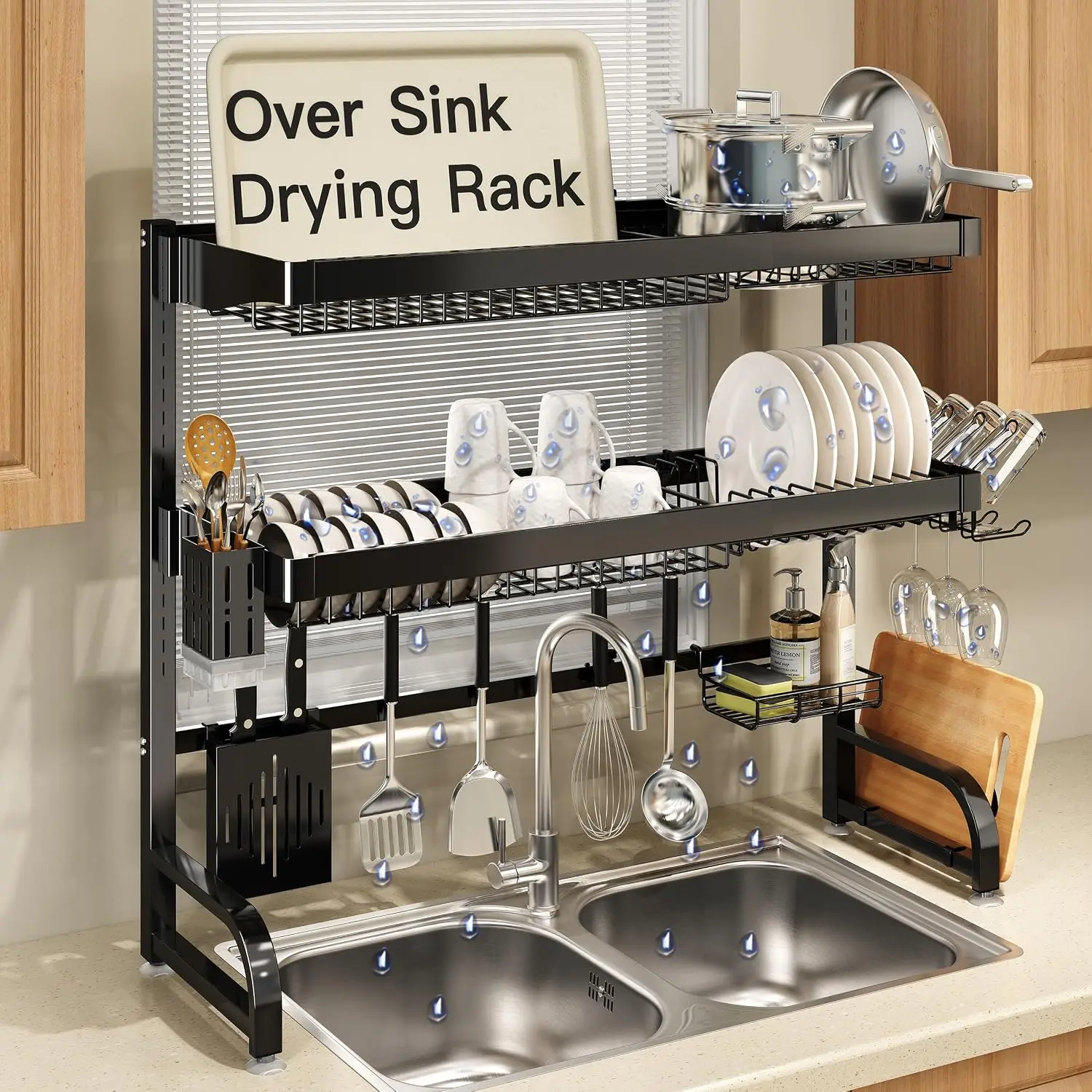 BOOSINY Over The Sink Dish Drying Rack, Extra Large Capacity Dish Drainer | 3 Tier Extra Large All Stainless Steel Expandable Pl