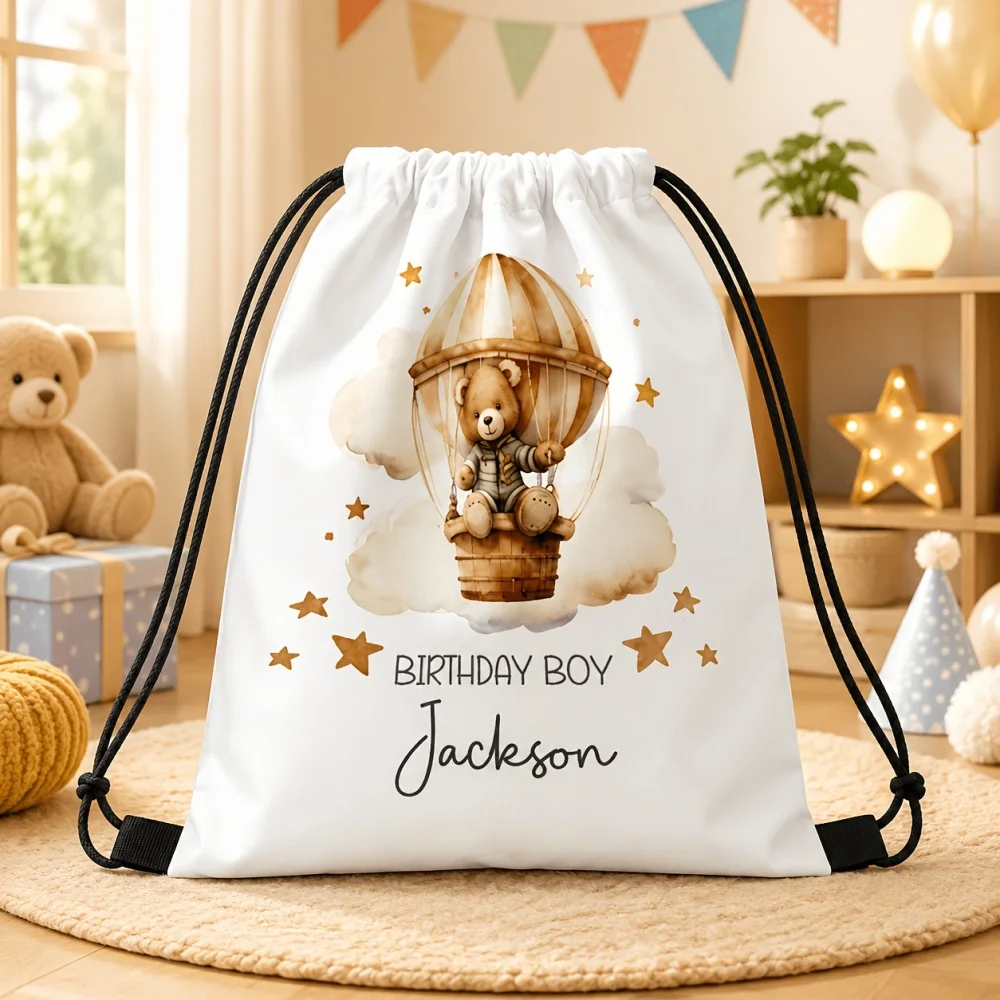 1Pc Custom Name/Text Bear Hot Air Balloon Pattern Drawstring Backpack, Casual Minimalist Storage Pouch, Travel Bag for Daily Use