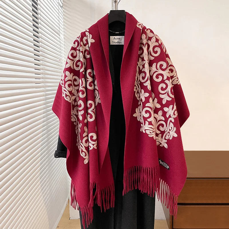 Nueva Pashmina mezcla de Cachemira Mujer Bufanda Bufanda cálida Echarpes bordado flor Poncho capa gruesa Poncho cálido pañuelo