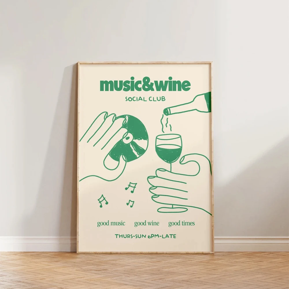 1PC Frameless Retro Music Wine Illustration Poster Canvas Painting Wine Hand Drawn Print Wall Art Home Kitchen Club Bar Decor