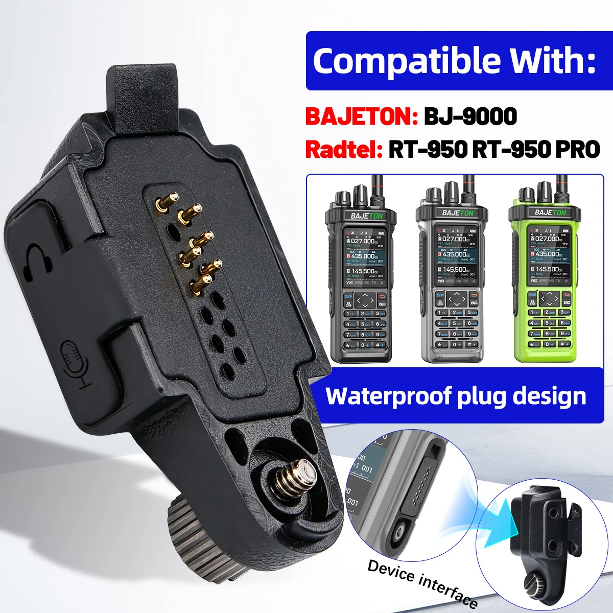 BAJETON BJ 9000 Audio Adapter to 2 Pin Connector Walkie Talkies Earpiece Speaker Mic for Radtel RT 950Pro BJ-9000 RTD TP 900PRO