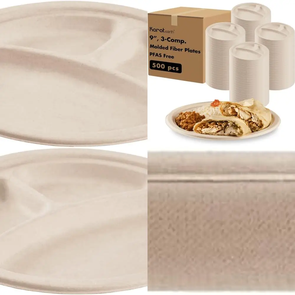 

9 Eco-Friendly 3-Section Paper Plates, 500 Count, Heavy-Duty, Biodegradable, Natural Bulk Pack