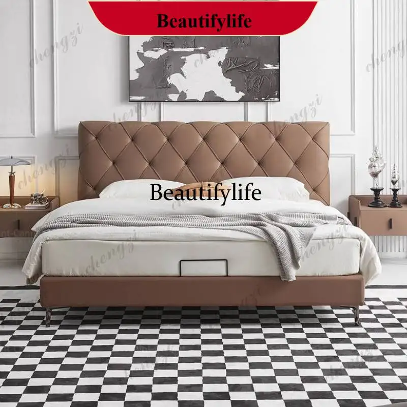 

G153 Decoration Brown Double Bed Luxury Minimalist Modern Pliable Double Bed Accessories Household Cama Twin Furniture For Home