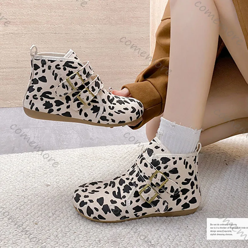 Comemore Leopard Print Retro Ankle Boots for Women Winter Padded Warm Women's Cottom Shoes Casual Flat Bottom Versatile Botines