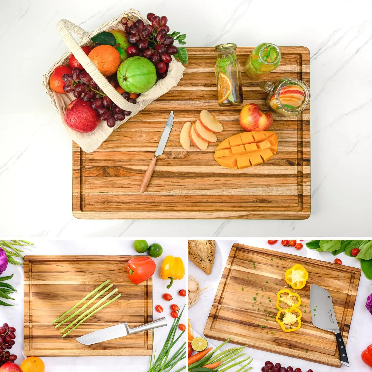 

Teak Wood Cutting Board with Juice Groove Hand Grip, Wooden Cutting Boards for Kitchen Medium,