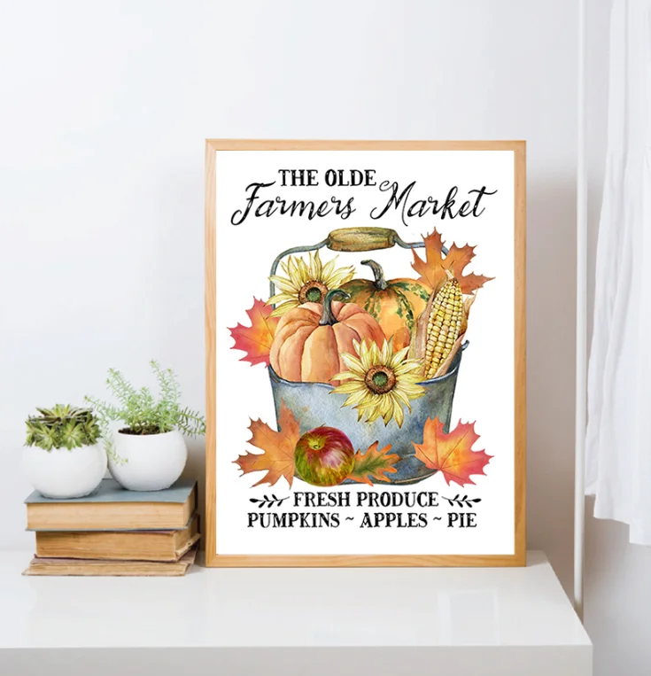 Country Farm Style Fall Pumpkins Retro Posters and Prints Rustic Fall Market Sign Canvas Painting Farmhouse Wall Pictures Decor