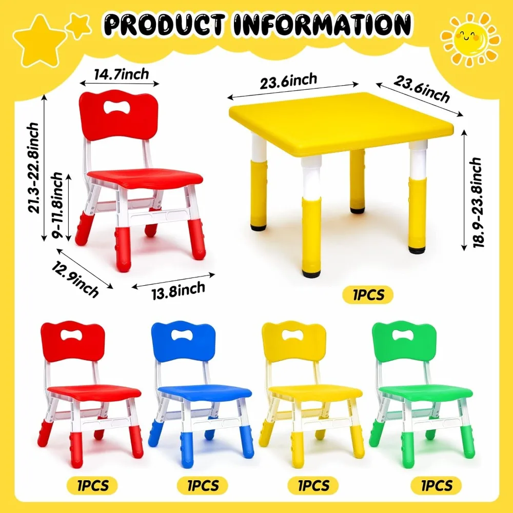 Meja belajar dan 4 kursi Set, tinggi meja dan kursi dapat disesuaikan meja makan dengan kursi untuk balita usia 3-10, untuk perawatan hari