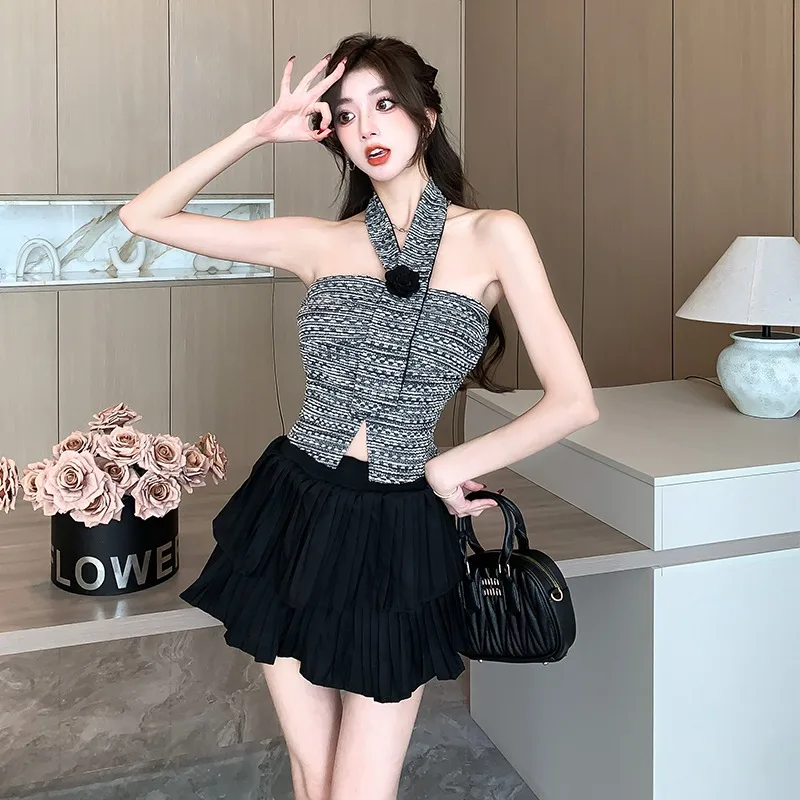 2024 Summer New Dress Sets Women Halter Strapless Tops + High Waist Pleated Skirts Female Korean Style Fashion Two-piece Set