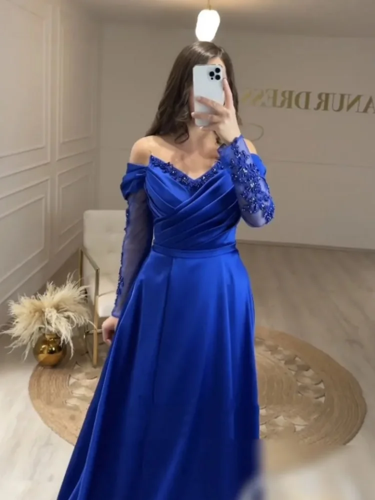 Gaun malam bahu terbuka biru aplikasi pesta pernikahan gaun Formal A-line elegan lengan panjang