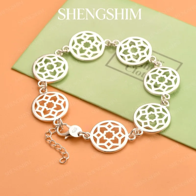 SHENGSHIM 925 Sterling Silver Vintage Round Engraved Bracelet For Women Girls Fashion Jewelry Gift Birthdays Engagements Party
