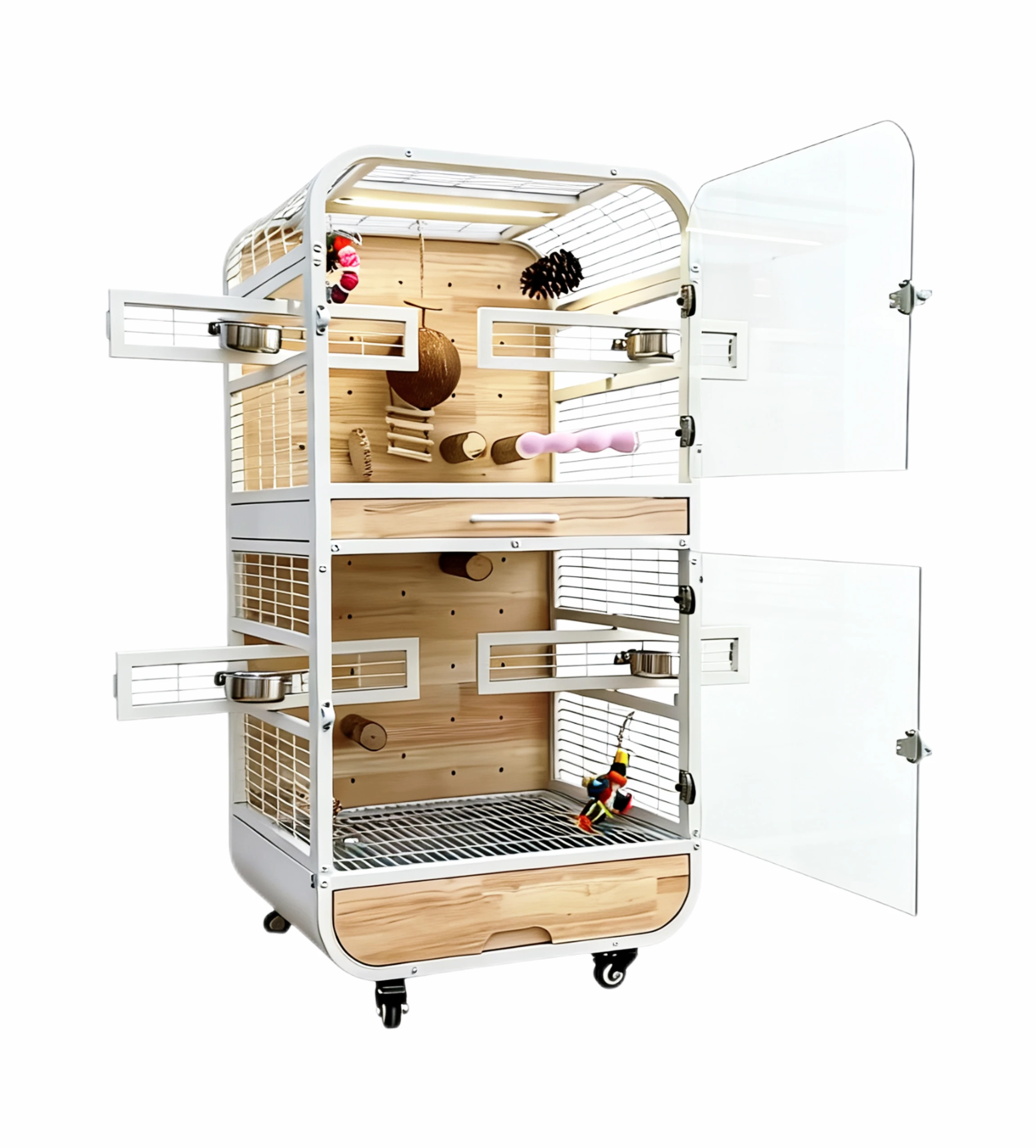 Luxury Modern Large Parrot Cage Clear Glass Iron Wood Construction Villa-Style Design Space-Saving Splash-Proof Easy Assembly