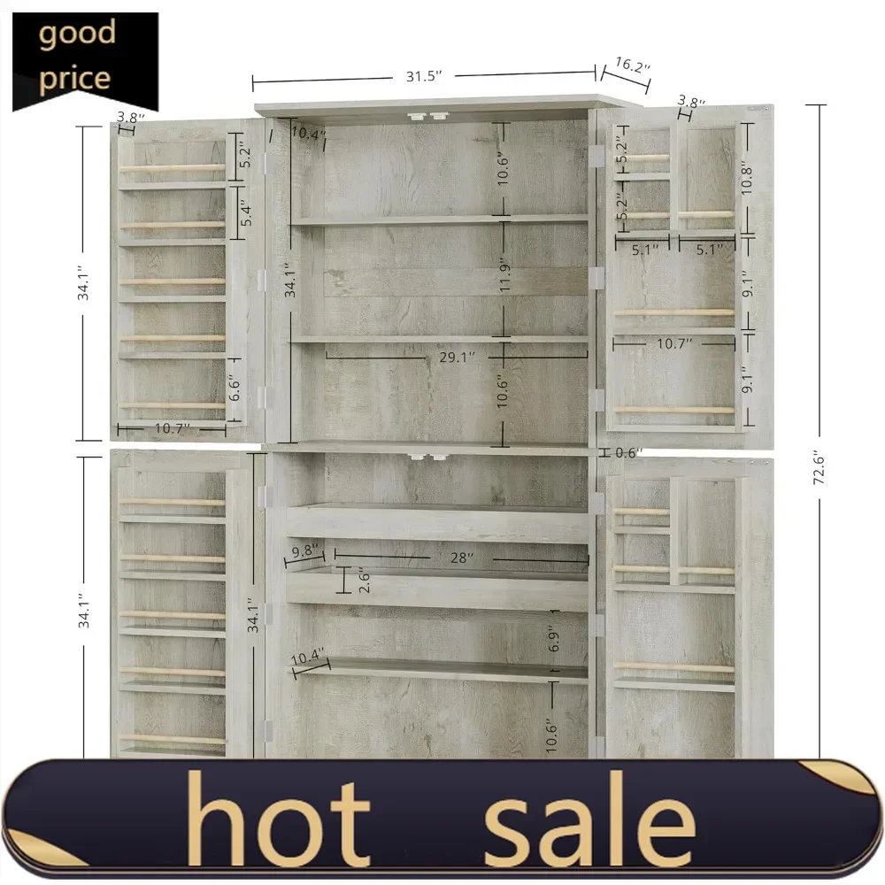 

Activity price Freestanding Kitchen Cabinet with 72.8 Height, 4 Barn-Style Doors, Storage Rack, and 4 Adjustable Shelves for Dis