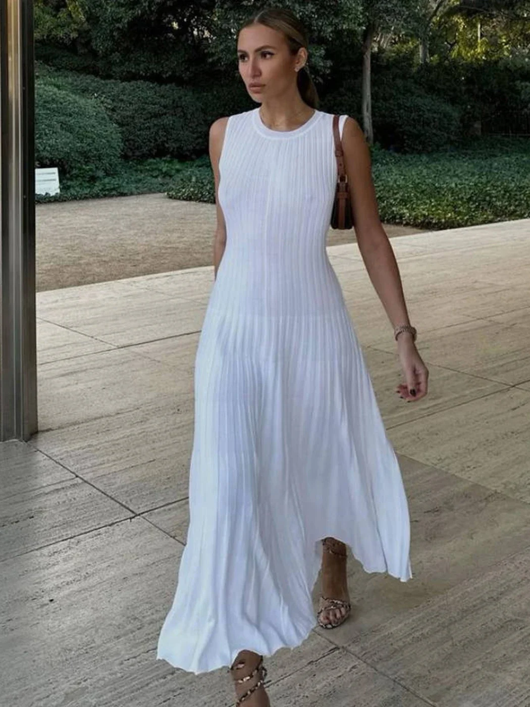 Knitted Women\'s Dress Long Ribbed Elegant Spring Slim Sleeveless Female Midi Dresses 2023 O-neck High Waist A-line Lady Vestidos