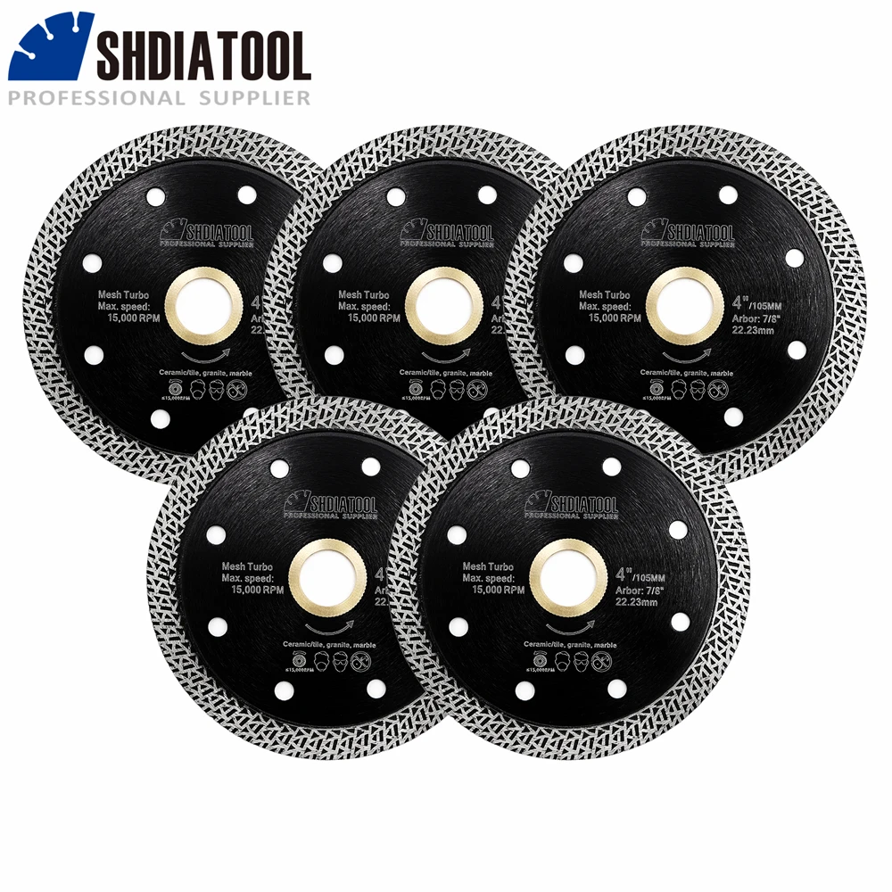 SHDIATOOL 5Pcs 4inch Mesh Turbo Diamond Saw Blade Marble Ceramic Tile Cutting Disc Porcelain Granite 105mm Circular Cutter Disc