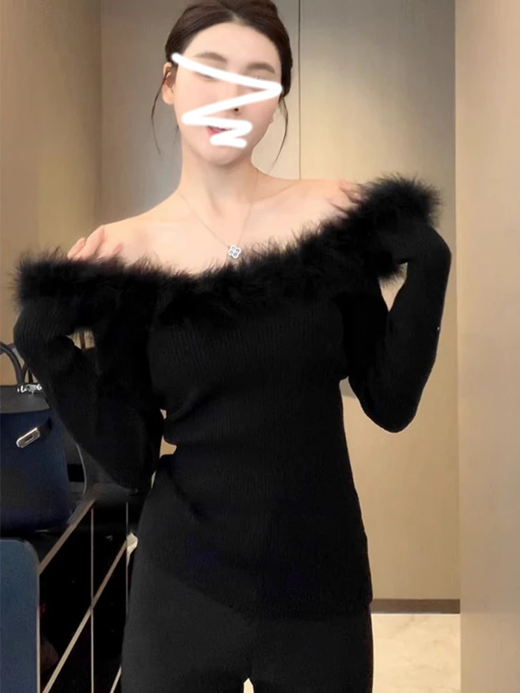 Stunning Knitted Sweater Women's Shoulder Bared Furry Splice Slim Fit Sexy Elegant Beautiful Long Sleeve Thermal Winter Fashion