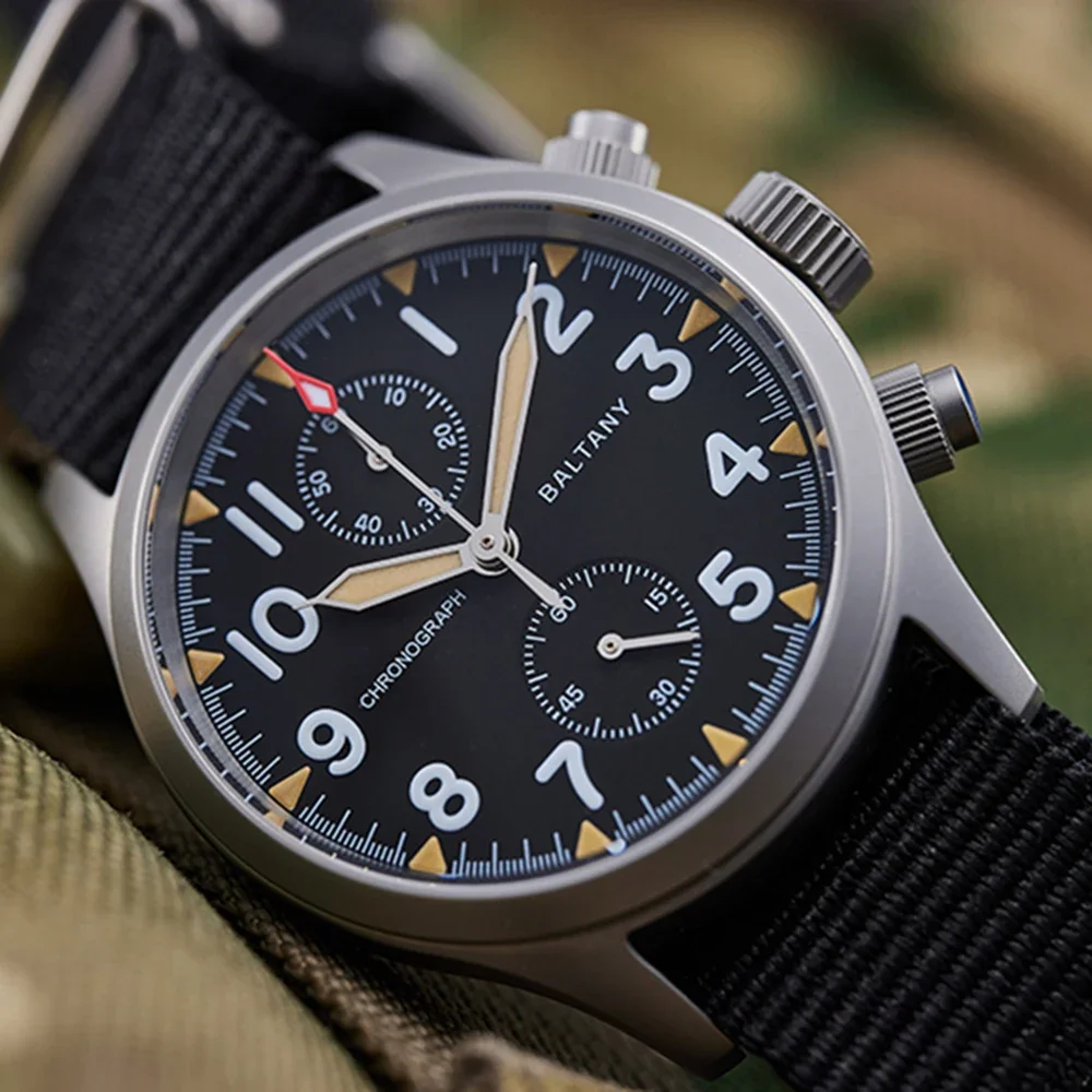 39mm Vintage Pilot Chronograph Watch Men Quartz Wristwatches Baltany Military 100m Diver Chrono Watches VK61 Movt Luminous Clock