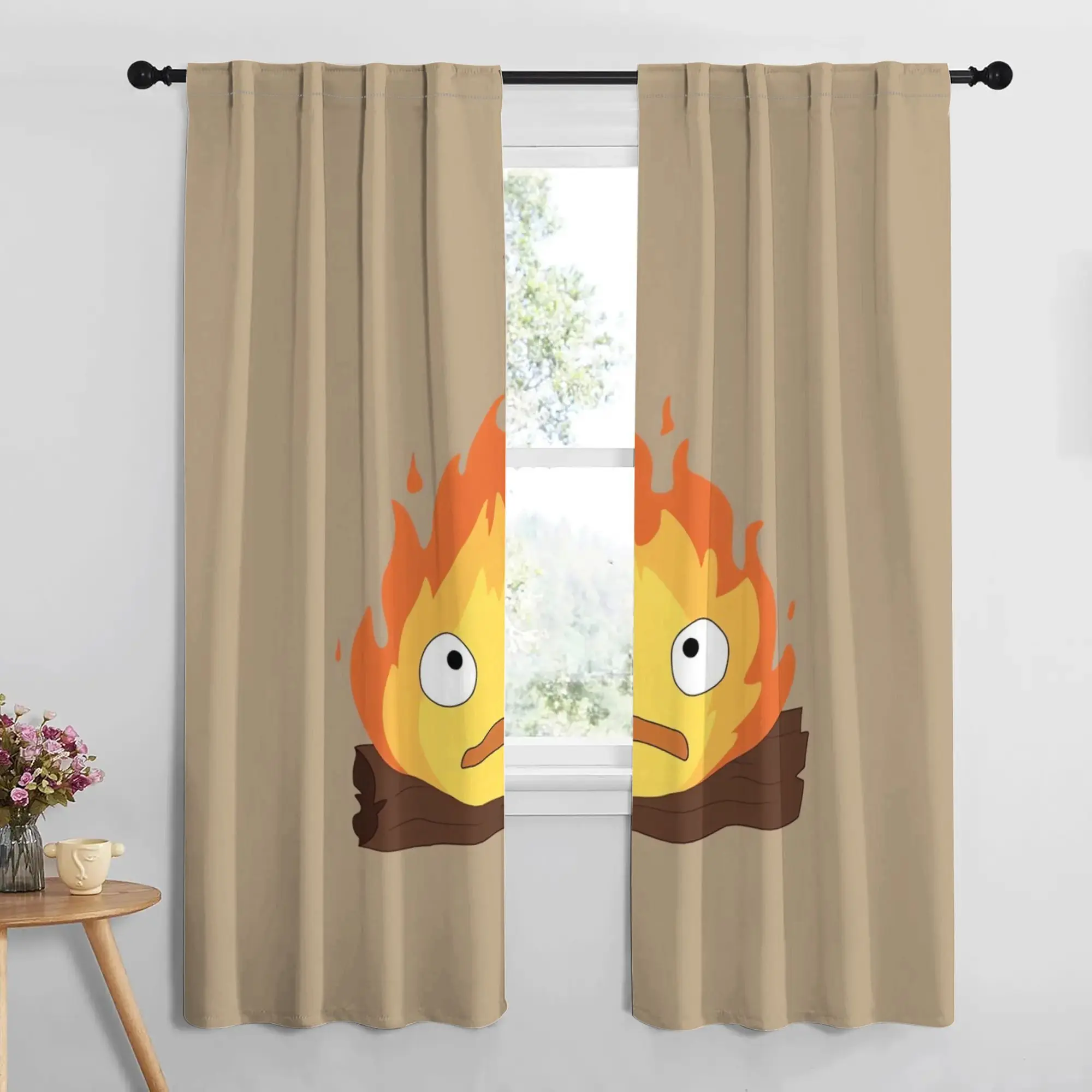 2pc Elegant vintage flame pattern curtains, made of polyester, machine washable, suitable for living room and office décor.