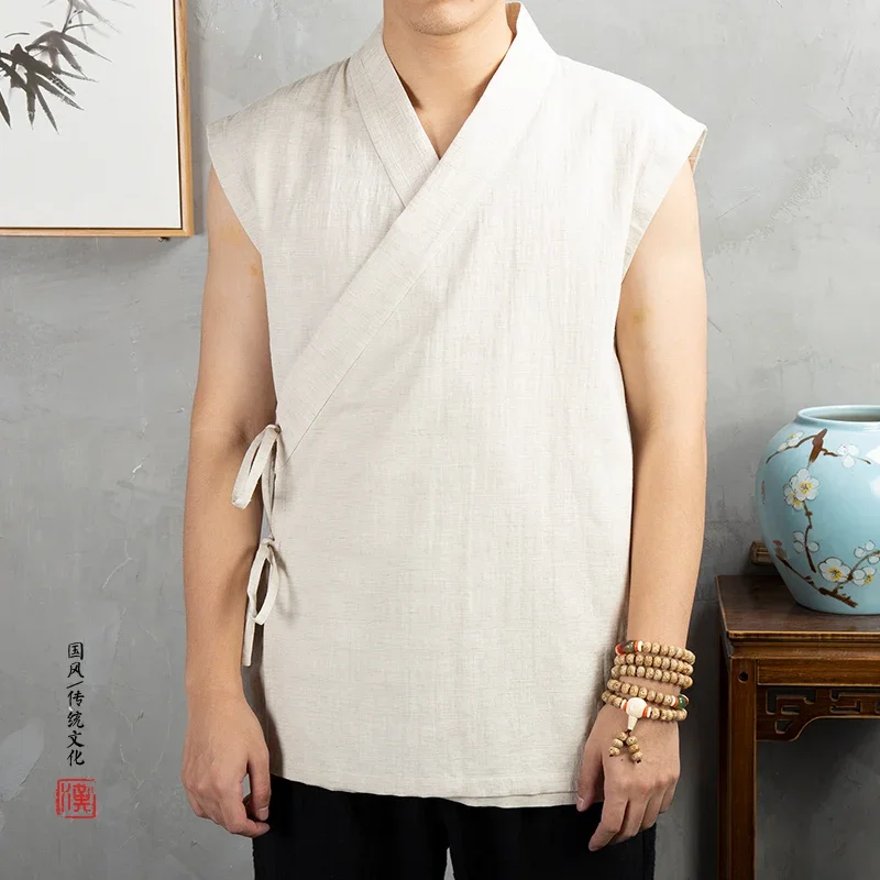 Linen cotton sleeveless Jacket mens tang suit Kimono Cardigan Male Open Stitch Coat Traditional Chinese Clothing  Hanfu Men